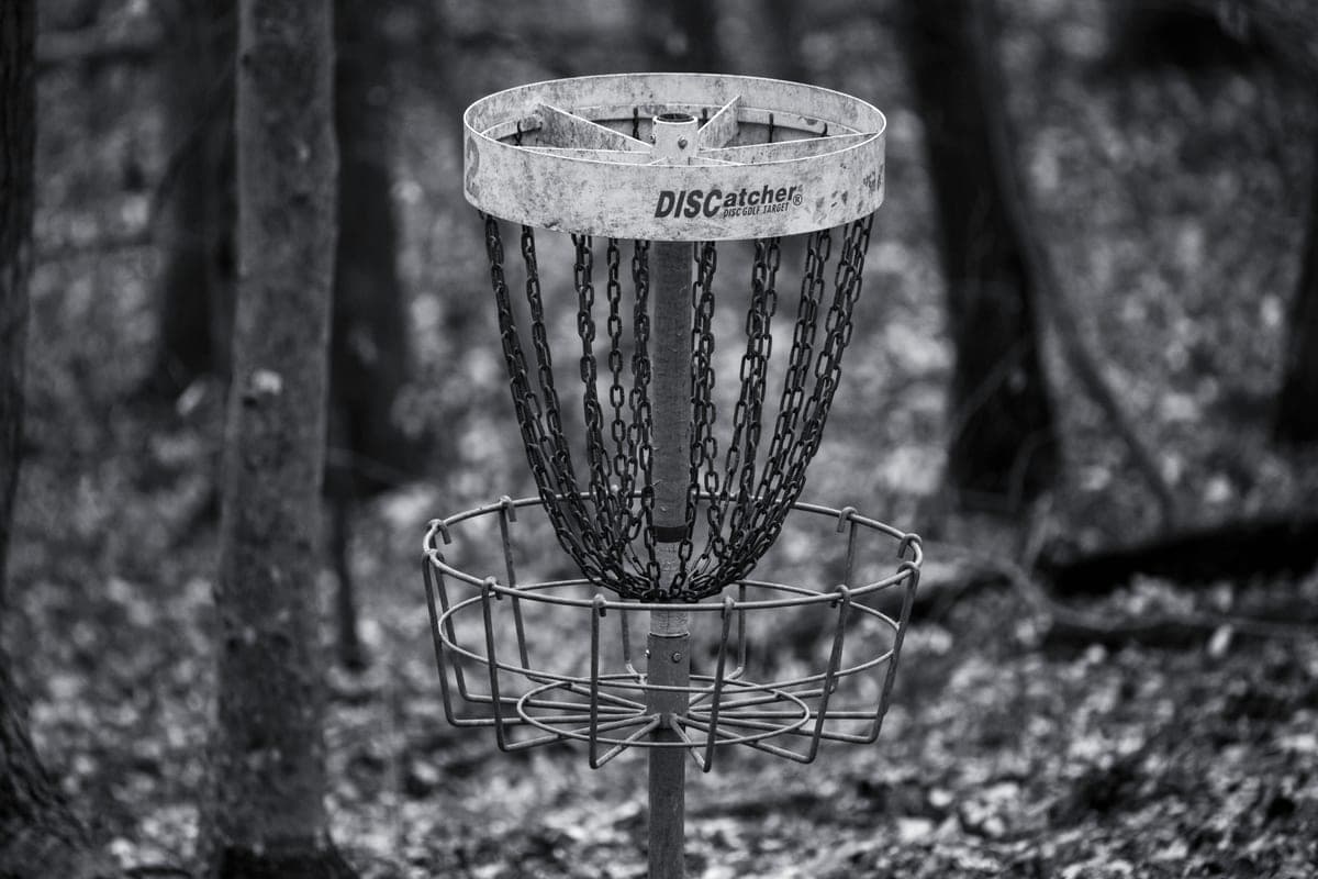 A disc golf basket with chains photographed close up in a wooded setting