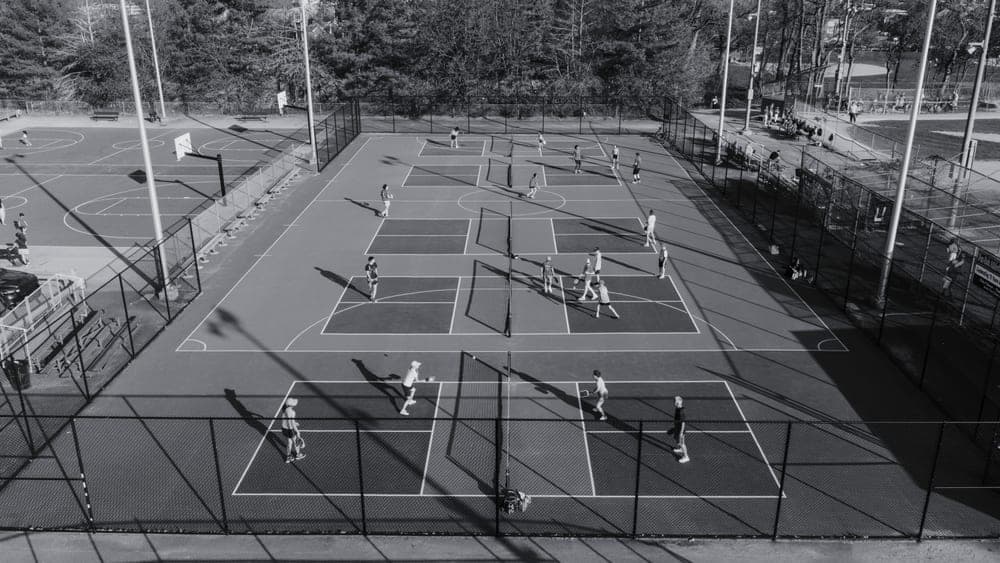 Outdoor courts photographed from above in flat light